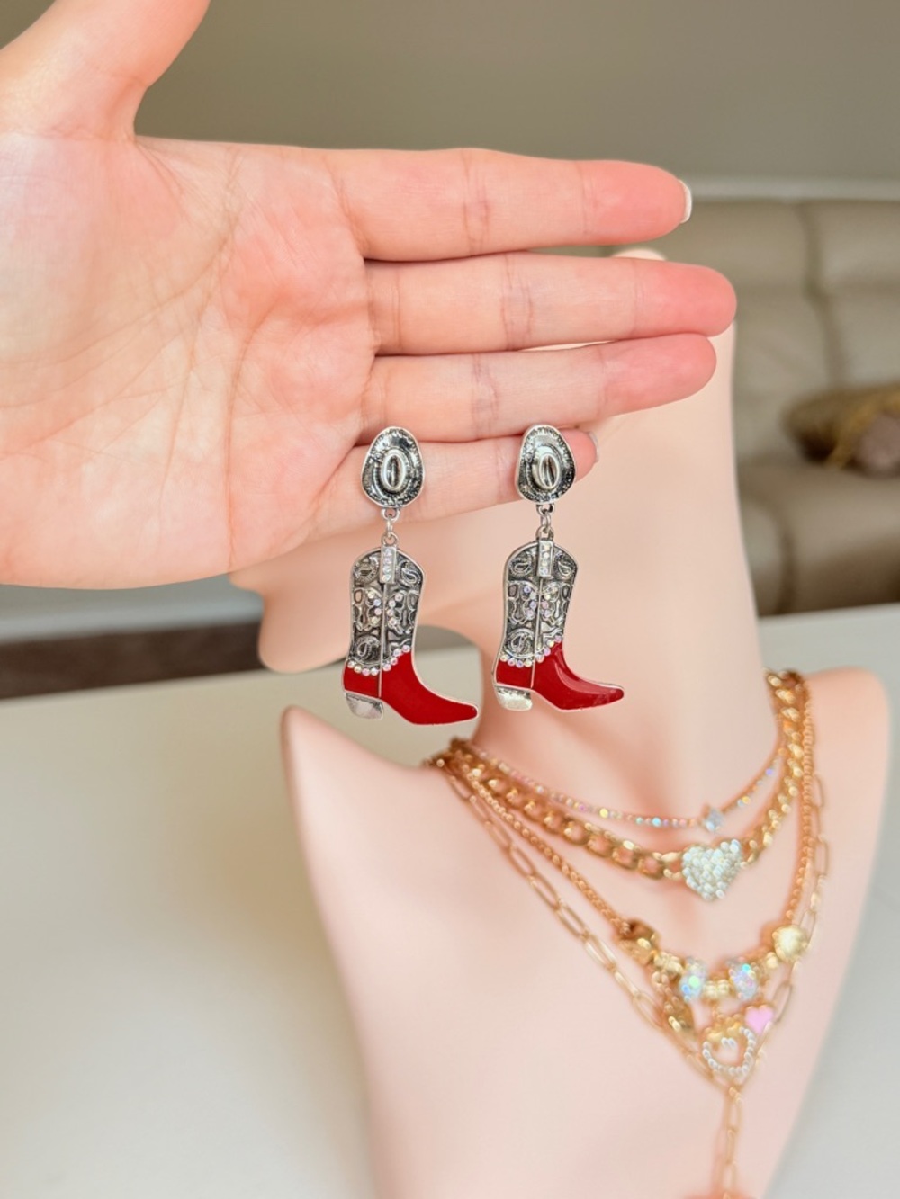 Red Cowboy Boot Dangle Earrings - Picture 10 of 13